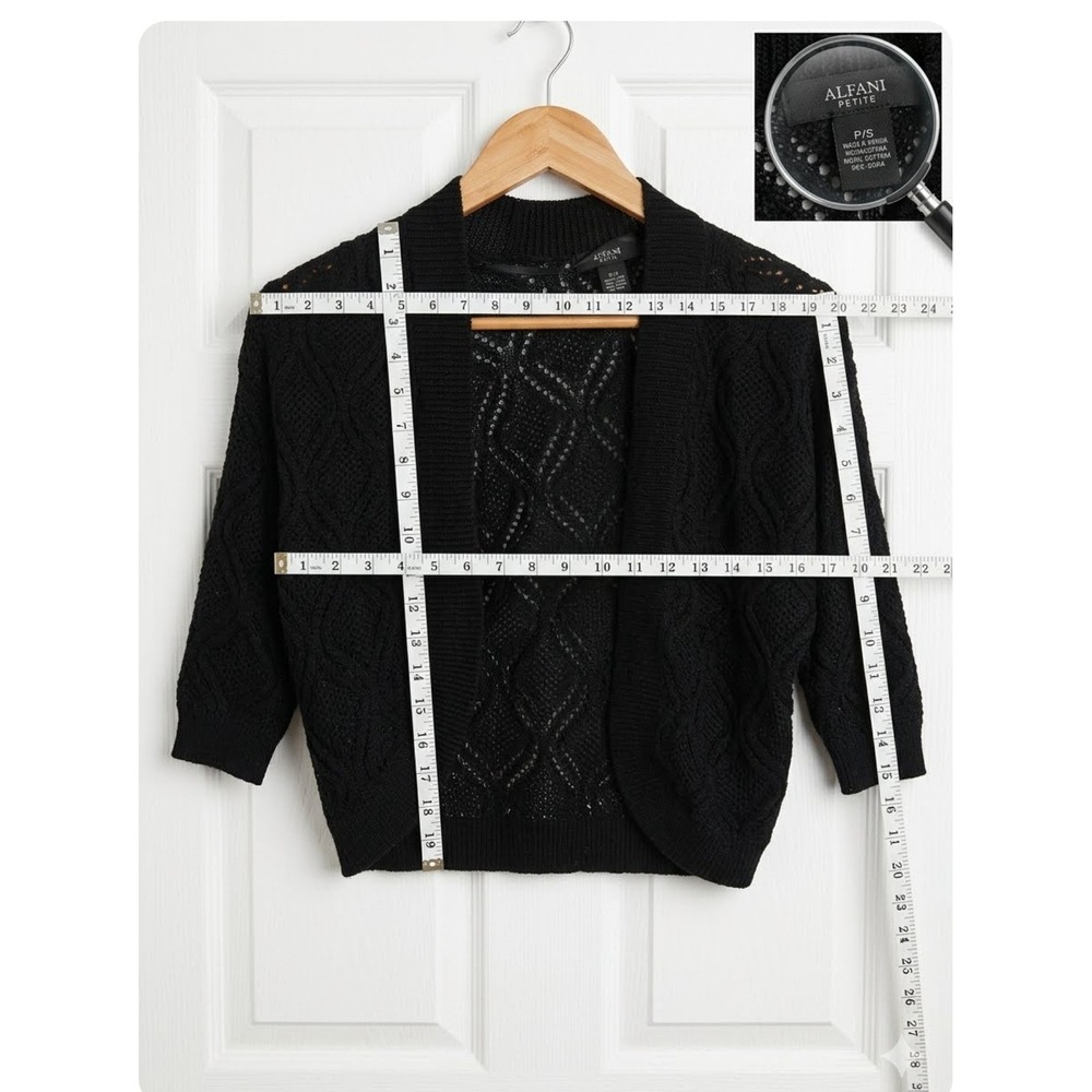 Alfani Petite Black Pointelle Knit Open Front Shrug Cardigan Sweater P/S